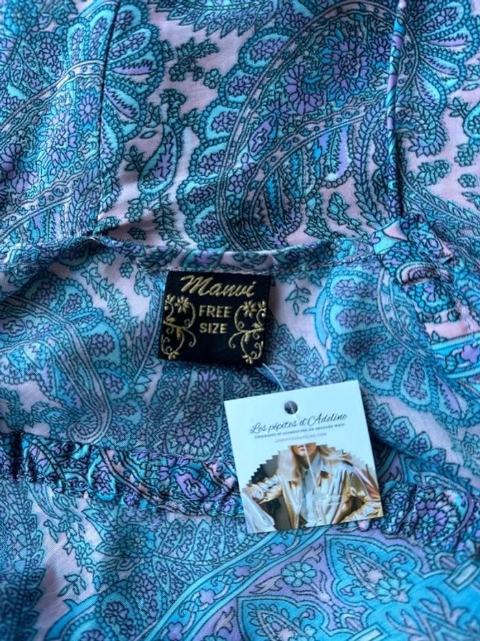 Robe d’été bohème en soie à motifs fleuris rose et bleu dos nu taille U - photo numéro 8