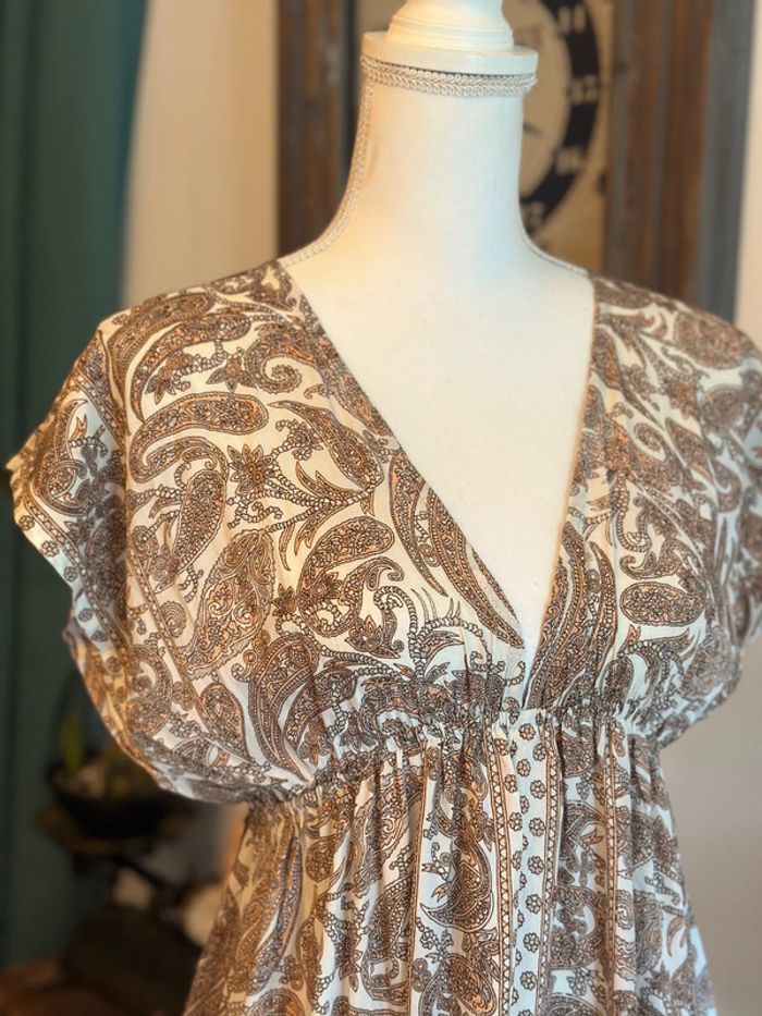 Robe longue fluide bleu à motif cachemire beige écru – Taille unique - photo numéro 5
