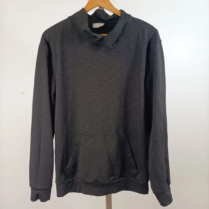Sweat noir Made in Italy 100 % coton, col cheminée, poche kangourou, ton sur ton taille LA1369