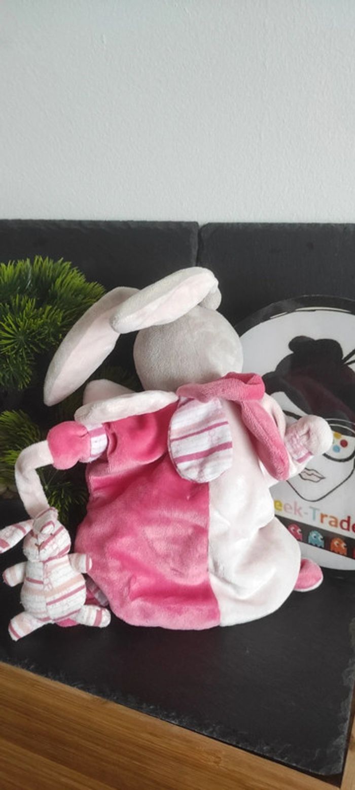 Marionnette Lapin Rose Célestine doudou compagnie  pétales rayure rayé gris dc1060 - photo numéro 2
