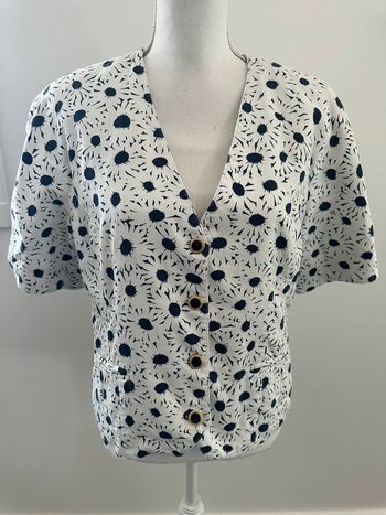 Blazer marguerites blanc et bleu marine Vintage T44 XXL