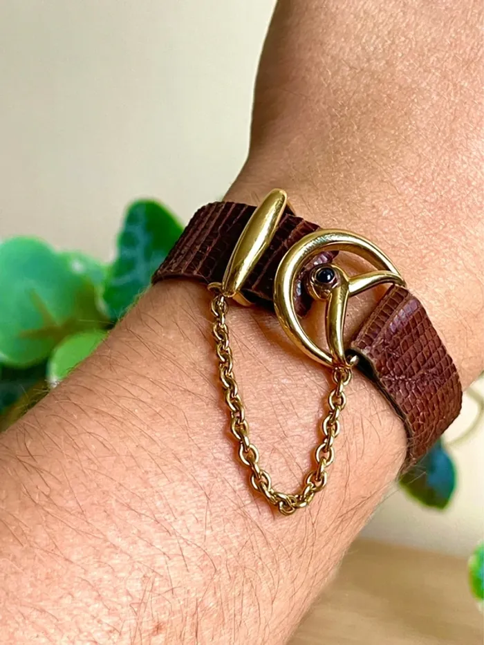 sublime Bracelet cuir lezard marron boucle metal dore avec chaine - photo numéro 5