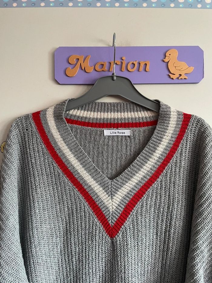 Pull long gris, noir et blanc, taille unique, marque Lilie Rose - photo numéro 3