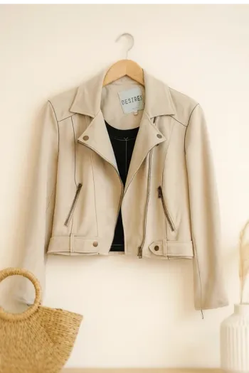 Veste biker beige Desires avec tirettes aux manches Femme Taille L