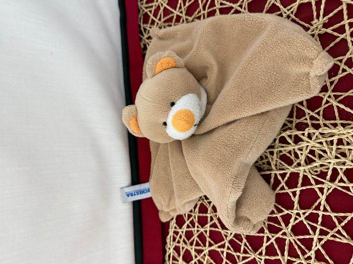 Doudou plat carré ours beige nez jaune ORCHESTRA - photo numéro 2