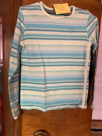 tee shirt manches longues rayé bleu vert DOMYOS 14 ans