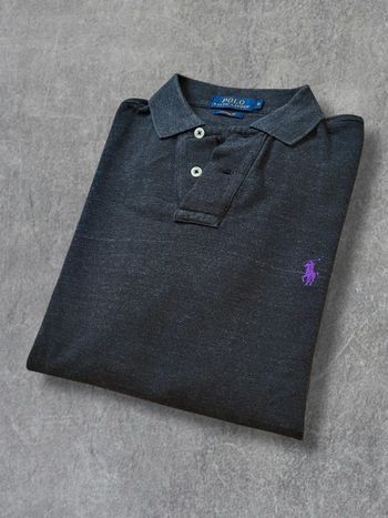 Polo Ralph Lauren manches longues long sleeve gris chiné logo brodé violet 100% coton - S