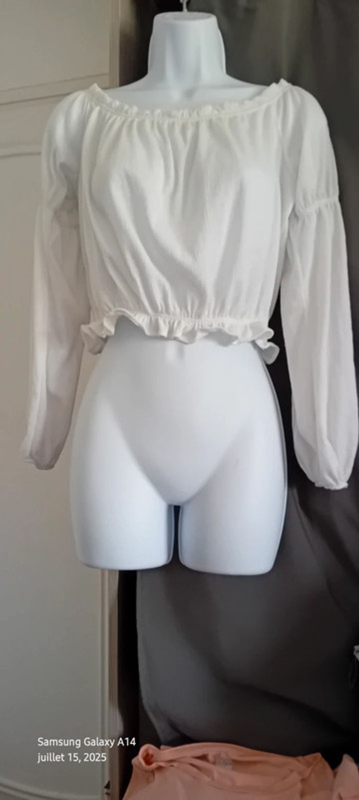 Blouse courte col Bardot elastique aspect plissé blanc femme L bershka - photo numéro 5