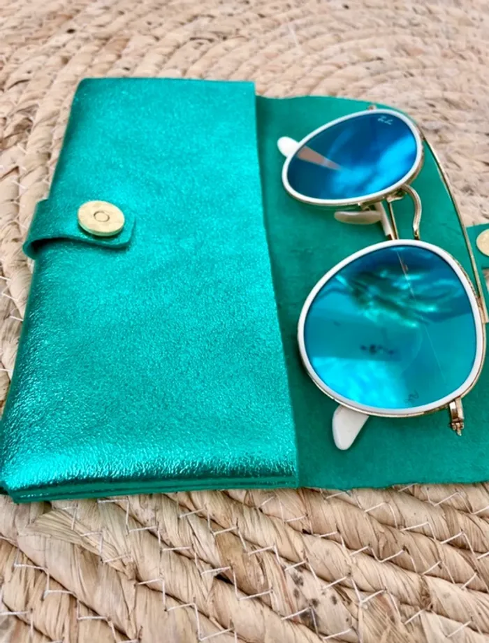 Étui à lunettes cuir souple bleu vert brillant - photo numéro 2