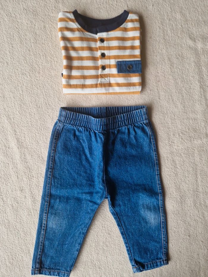 Ensemble neuf 12 mois jean et haut à rayures et motif - photo numéro 2