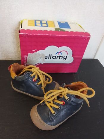 Chaussures cuir montantes bébé garçon taille 18, premier pas, semelle antidérapante marque Bellamy, bleu marine, orange, toutes saisons ,lacets