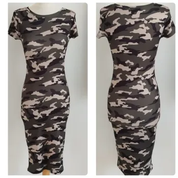 Magnifique robe moulante camouflage kaki manches courtes Voyelles taille 36