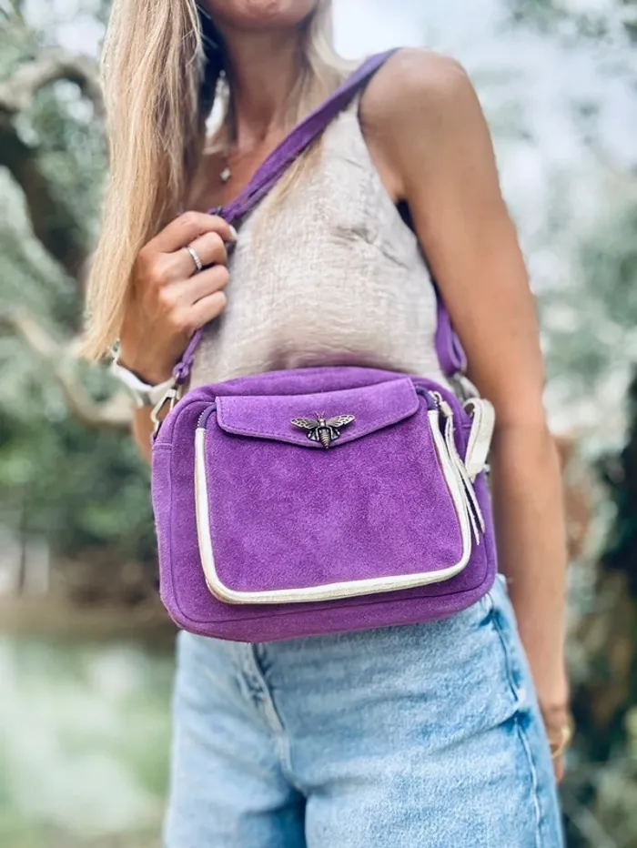 Sac bandoulière cuir violet avec fermeture abeille - photo numéro 7
