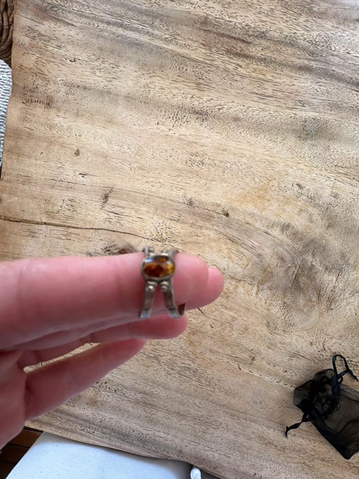 Bague vintage en argent réversible ambre et Amazonite