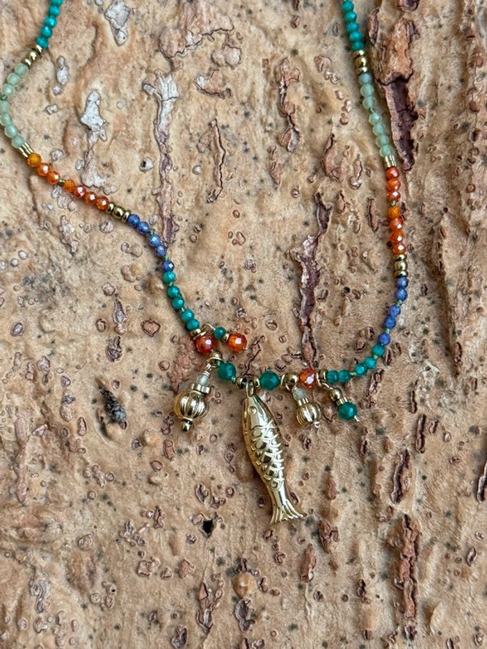 Collier réglable grigri poisson acier inoxydable or habaha paris perles naturelles multicolores - photo numéro 2