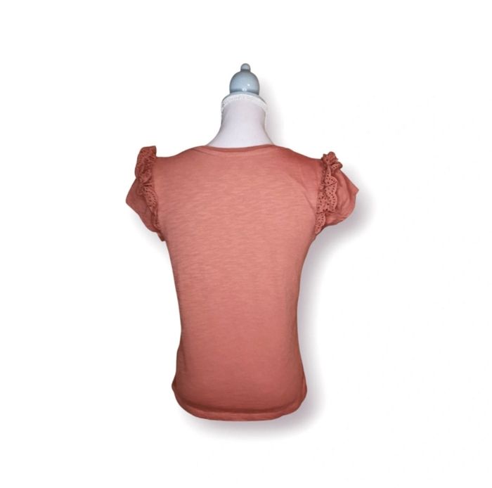 T shirt marron manches froufrous dentellées motifs pailletés fleurs 3D C&A taille 10 ans - photo numéro 3