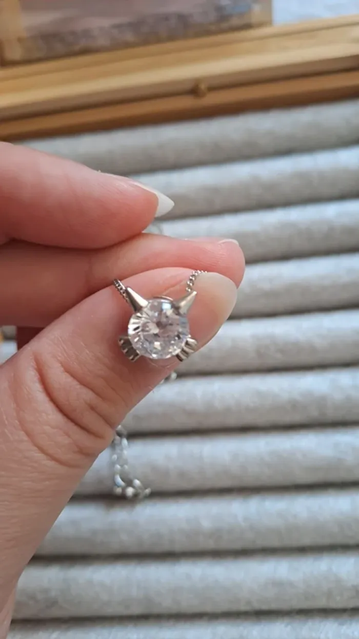 Collier fantaisie argent pendentif chat diamant - photo numéro 2
