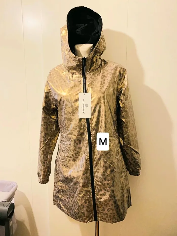 Manteau parka femme imperméable réversible long souple noire doré léopard taille M - photo numéro 2