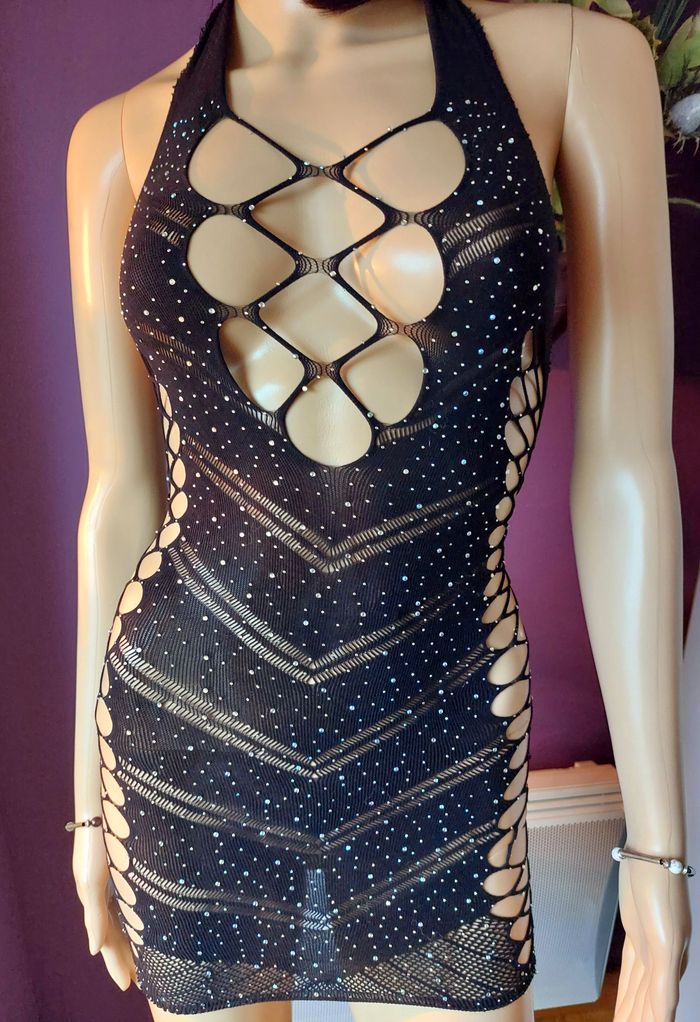 Robe sexy résille ajourée, noire et strass - Taille unique S/M - photo numéro 3