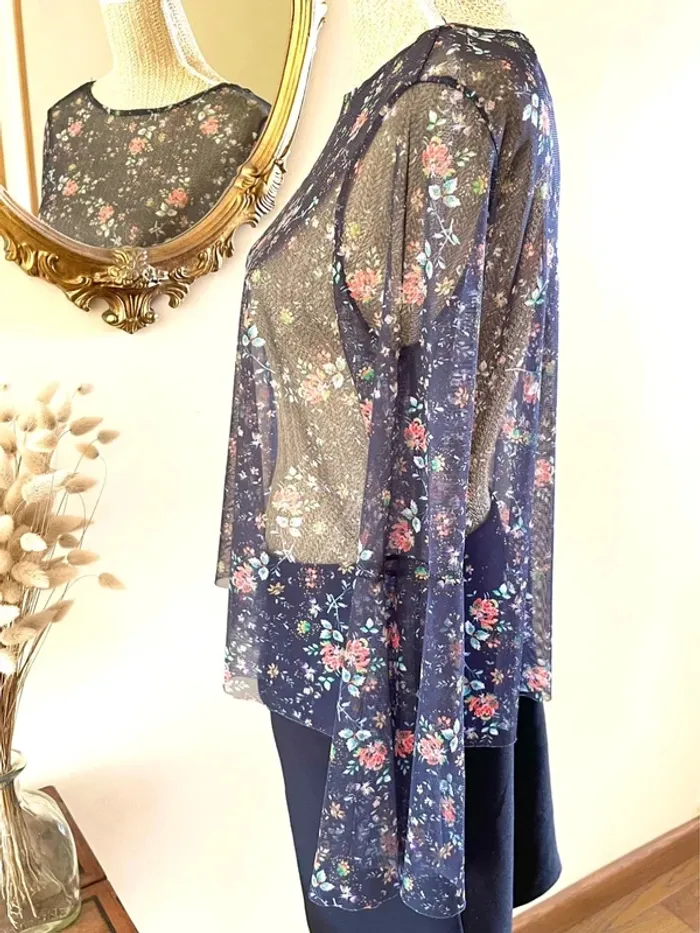 Sublime top fluide floral à manche large en tulle mango taille S - photo numéro 9