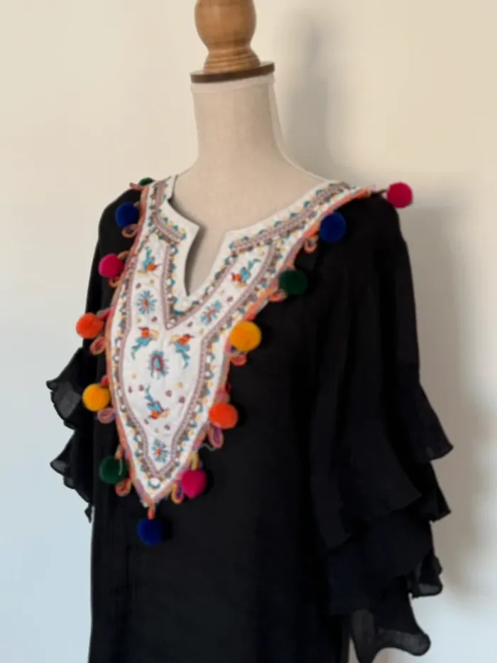 Haut manches noir femme volant plage tailleur M fluide ample L léger été pompons rose blouse t-shirt - photo numéro 2