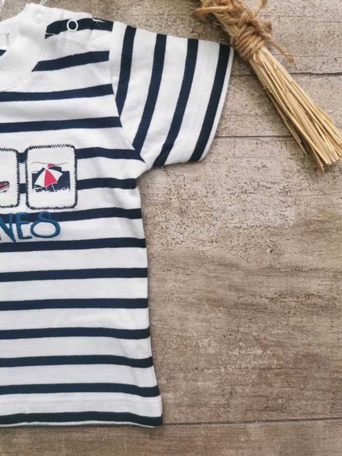 🌺Teeshirt Week-end à la mer 6mois Rayé bleu marine et blanc neuf avec étiquette - photo numéro 4