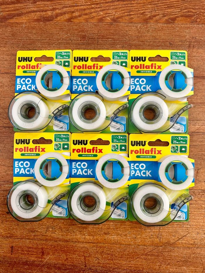 Lot de 6 dévidoirs 12 rouleaux de scotch ruban adhésif UHU rollafix invisible 25m