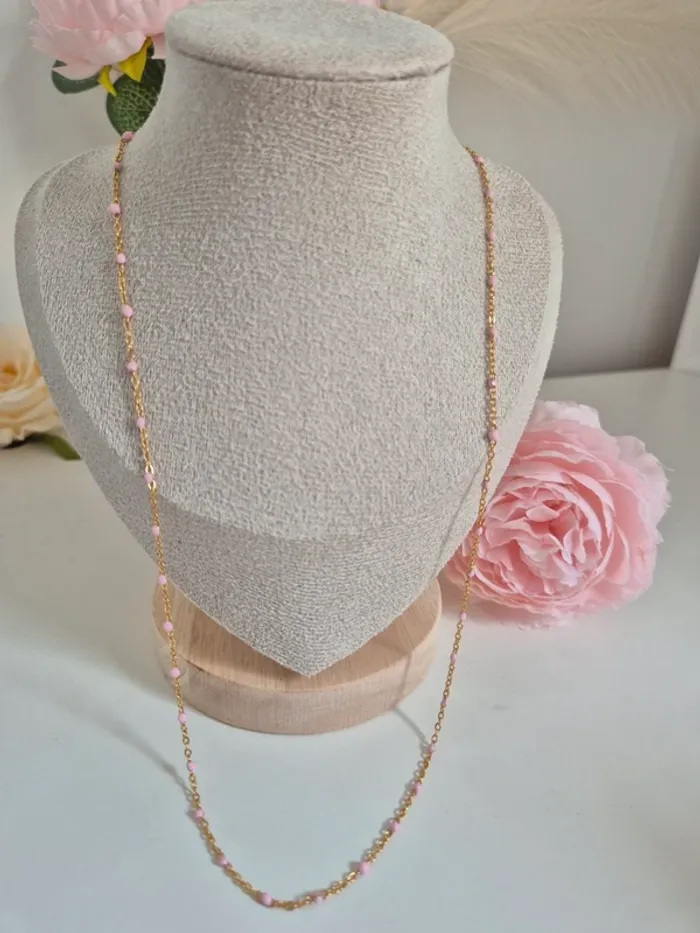 Parure de 2 bijoux : en acier inoxydable collier long et bracelet perles rose clair - photo numéro 2