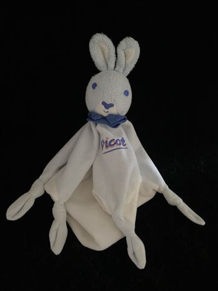B5962❤️Doudou plat mouchoir  lapin picot bleu blanc - photo numéro 3