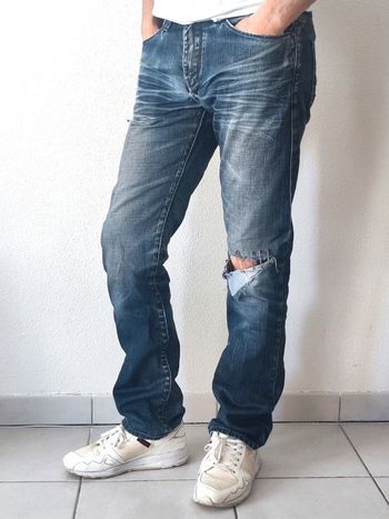 Pantalon jean straight troué bleu marine délavé / Célio - 40/L