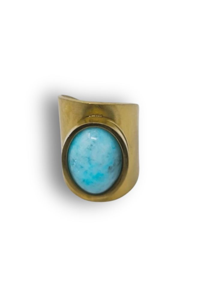 Bague vintage en acier inoxydable & pierre turquoise véritable – Taille 54