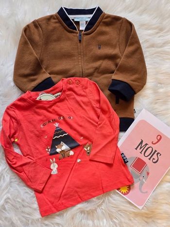 NEUFS (non portés!!!)🥰🤎🤩😍 sweat molleton zippé et teeshirt ml 9 mois garçon 🤎🤩😍