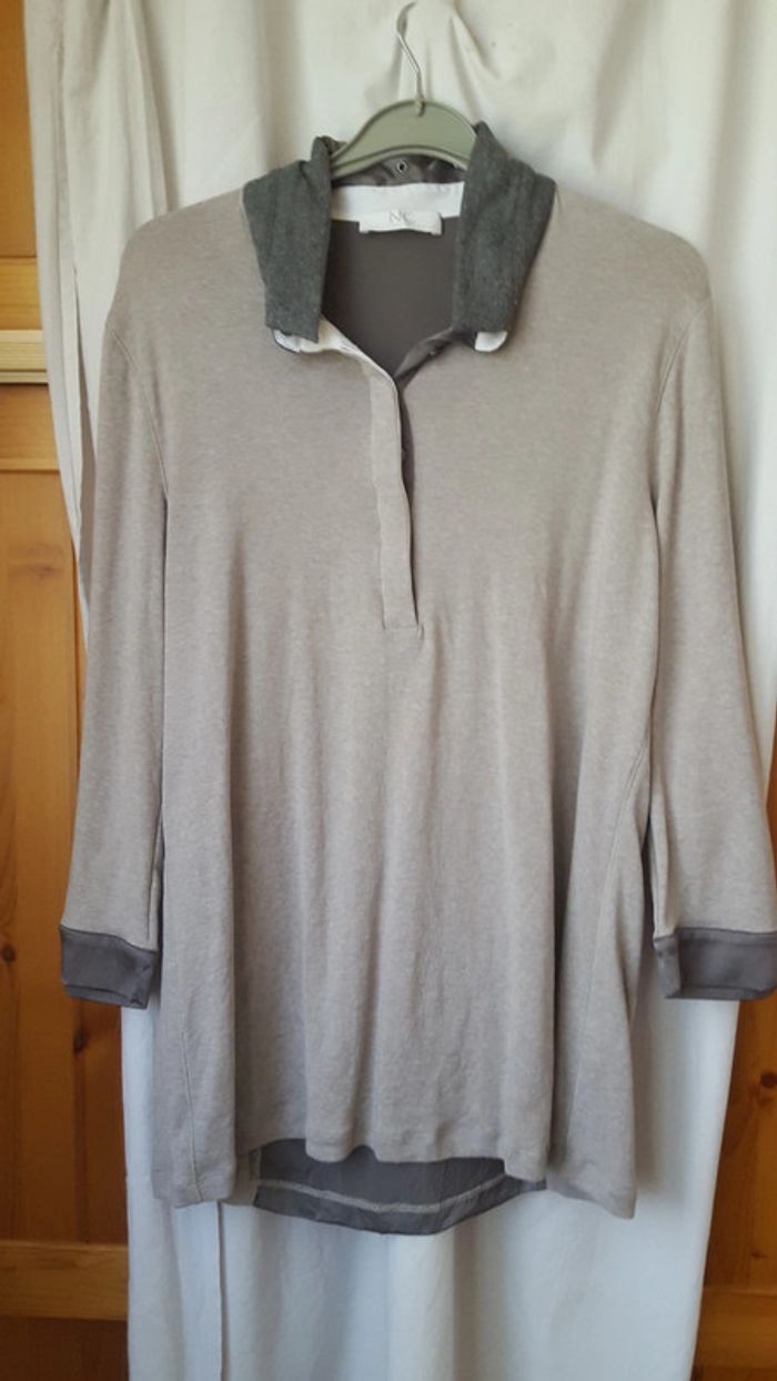 Tee-shirt manches 3/4  Bande et col  aspect soie