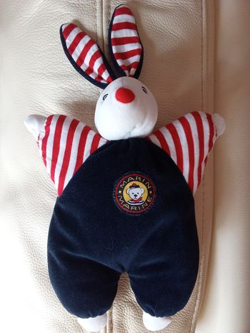 Doudou lapin Jemini vintage ancien peluche blanc blanche bleu marine foncé matelot marin  mer rayures rayé blanc  rouge  nez rouge  comme clown