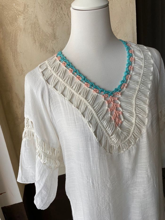 Tunique /robe blanche crochet pompons M/L - photo numéro 5
