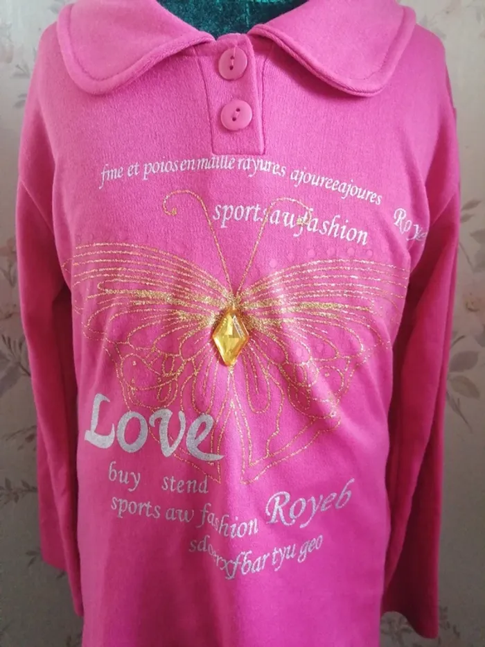Pull fin rose avec col boutons imprimé papillon et message / tong tong / (8ans) - photo numéro 6
