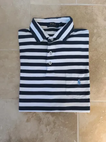 Polo Ralph Lauren homme M tissu fin rayures marine et blanche poche logo bleu ciel