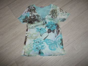 Tee shirt PURE & SIMPLE voile doublé multicolore fleurs tons turquoises et marrons M TBE