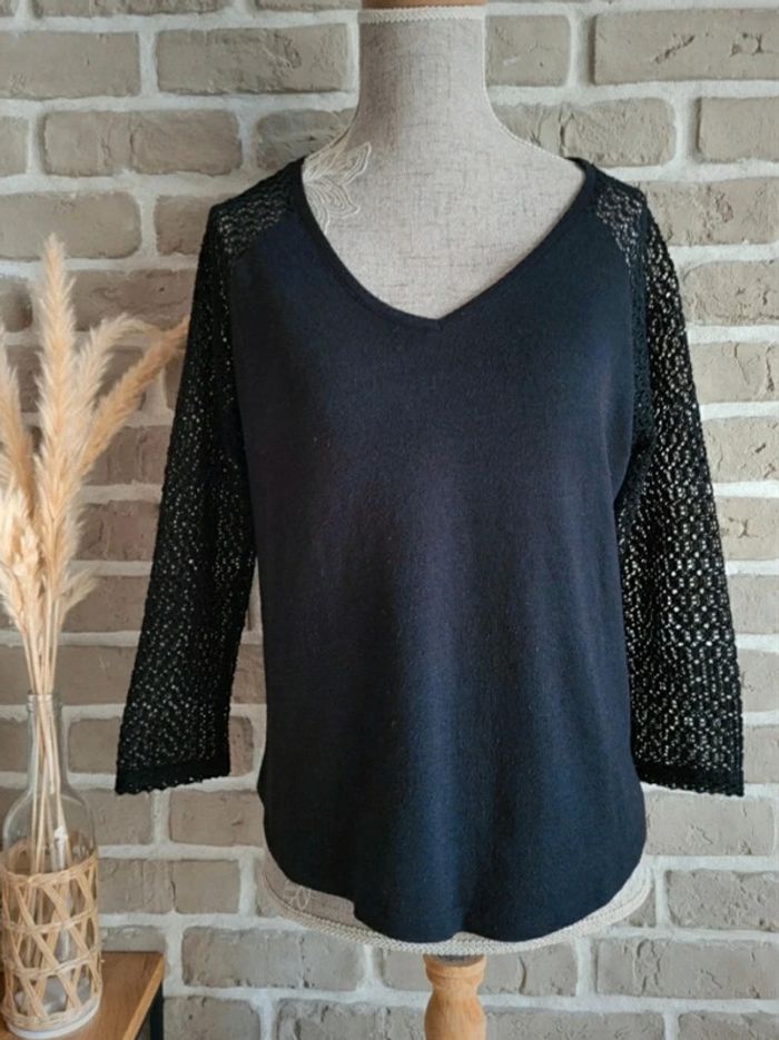 Pull noir manches en dentelle au crochet La Redoute S 36 - photo numéro 3