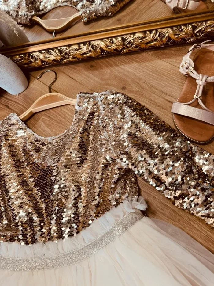 Taille 8 ans Robe créateur fille TAO crème doré * sequins tulle * 🌹 - photo numéro 2