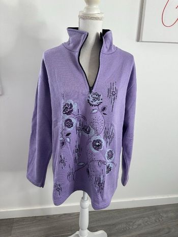 Sweatshirt zip polaire lila mauve à fleurs Afibel Vintage T46/48 3XL/4XL