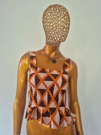 Top Court Plissé Orange et Marron Femme Taille S/36