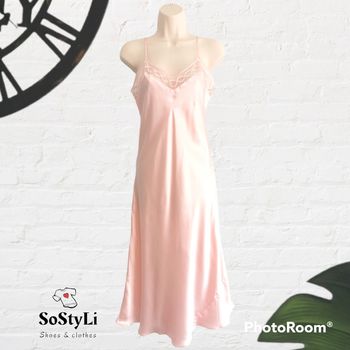 Nuisette longue en soie rose pâle Col en dentelle Soie Plus Taille S