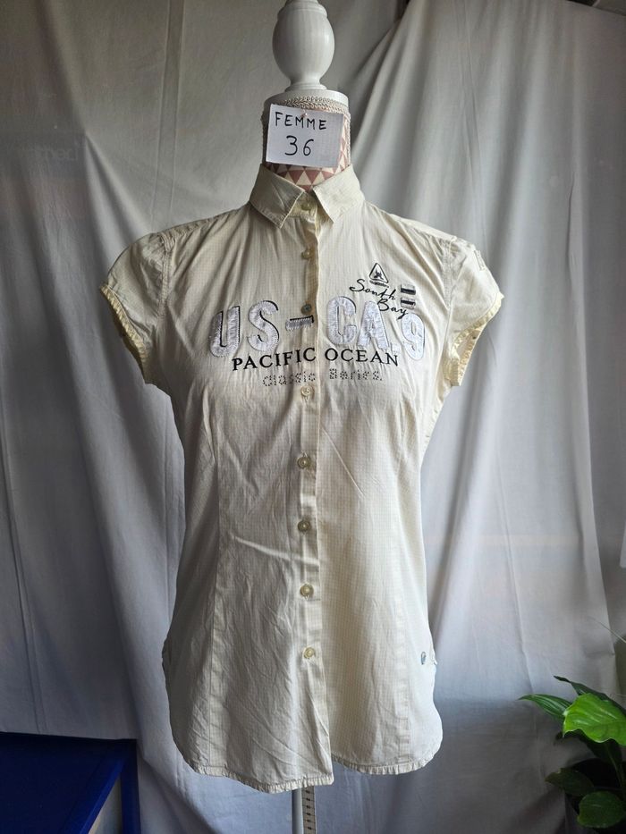 Chemise, a petit carreaux jaune, en très très bon état, largeur d'épaule 37cm, largeur sous bras 46cm, longueur 60cm, marque Gaastra= 10€