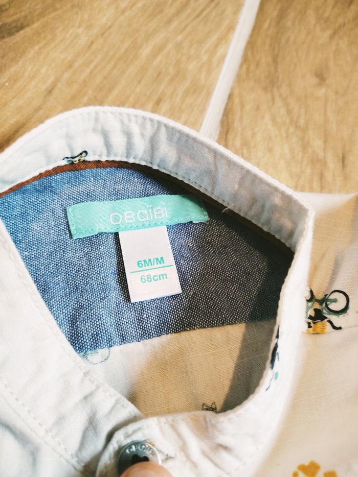 🐵Obaïbi/Okaidi - Ensemble Pantalon molletonné beige et chemise motifs chats et singes -taille 6mois - photo numéro 9