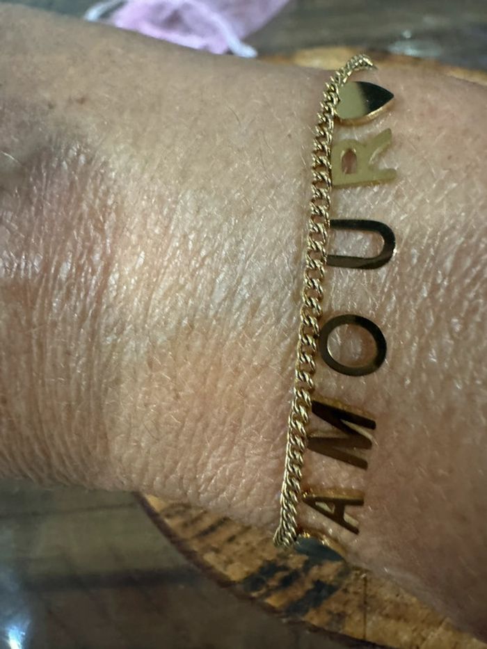 Bracelet chaîne épaisse réglable lettre AMOUR acier inoxydable or neuf - photo numéro 2