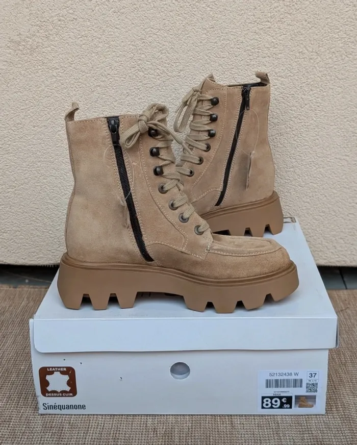 Bottines Sinequanone cuir effet daim beige - Taille 37 - Neuves - photo numéro 2