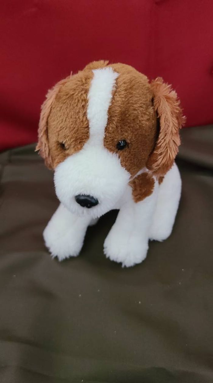 peluche chien assis blanc tache marron jemini