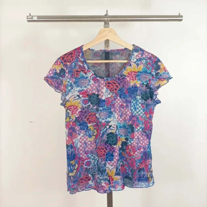 Blouse fluide fleurie multicolore rose bleue transparence légère taille 42/44 été A509
