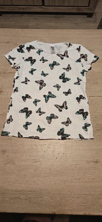 T shirt fille blanc avec papillons brillants, Here + There, C&A 13/14 ans, neuf
